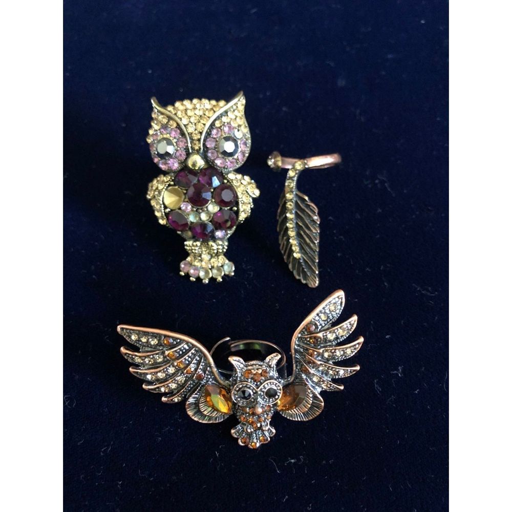 Owl & feather rings bundle gold tone
